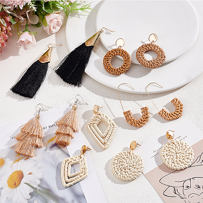 6 Pairs 6 Style Donut & Kite & Flat Round & Arch Rattan Dangle Stud Earrings EJEW-AN0001-28-1