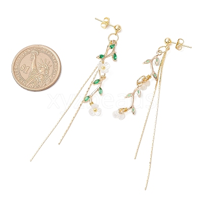 Leaf with Flower Brass Micro Pave Cubic Zirconia Tassel Stud Earrings EJEW-JE06456-1