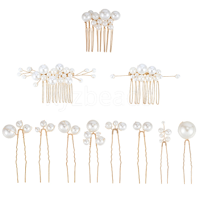 Copper Wire and ABS Imitation Pearl Hair Combs Sets for Women Girls OHAR-CY0001-20-1