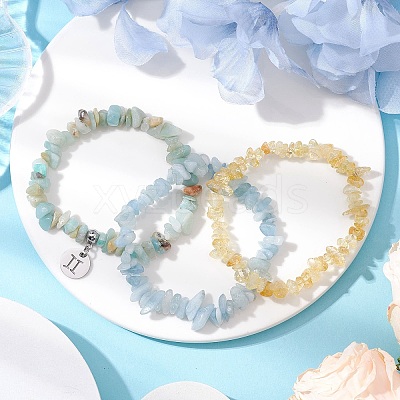 3Pcs 3 Styles Natural Citrine & Flower Amazonite & Aquamarine Aventurine Chips Stretch Bracelets Sets BJEW-JB11076-05-1