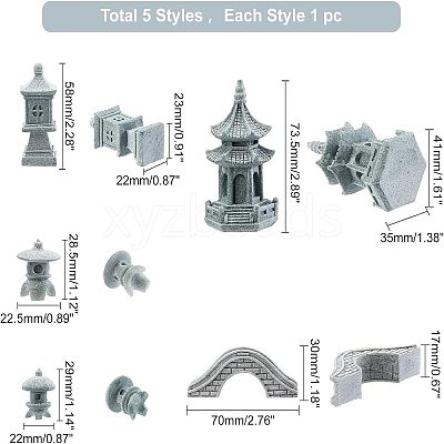 5Pcs 5 Style Chinese Pagoda Statue Stone Miniature Ornament AJEW-FH0002-53-1