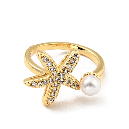 Cubic Zirconia Starfish with Imitation Pearl Open Cuff Ring RJEW-E046-05G-1