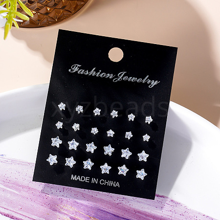 12 Pairs 6 Sizes Brass with Clear Cubic Zirconia Stud Earrings Sets PW-WG99341-03-1