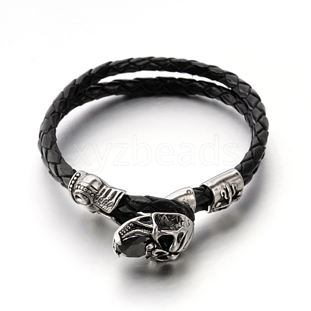 Skull 304 Stainless Steel Leather Cord Bracelets BJEW-N262-08-1