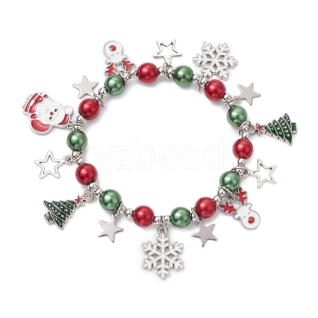 Christmas Glass Beaded Stretch Bracelet with Brass Alloy Pendant BJEW-TA00549-1