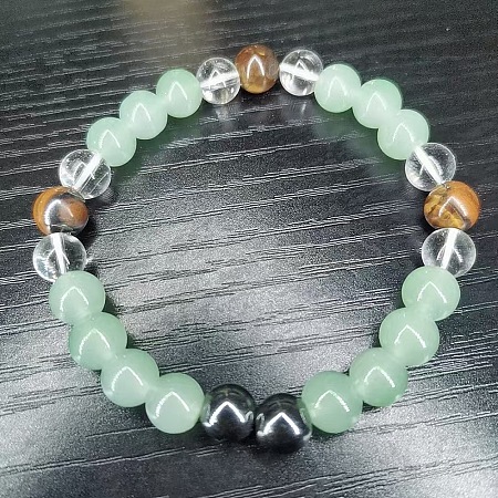 Round Natural Tiger Eye & Synthetic Non-magnetic Hematite & Glass Beads Stretch Bracelets for Girl Women FS-WGE0C43-04-1