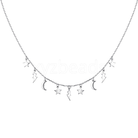 Rhodium Plated 925 Sterling Silver Star Moon Lightning Flowing Pendant Bib Necklaces MF4231-1