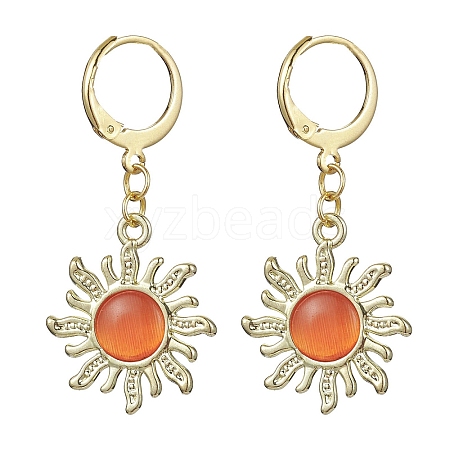 Golden Alloy Sun Shape Dangle Leverback Earrings with Cat Eye EJEW-JE05587-03-1