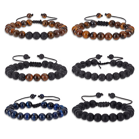 ANATTASOUL 6Pcs 5 Style Natural Lava Rock & Tiger Eye & Synthetic Agate Braided Bead Bracelets Set BJEW-AN0001-12-1