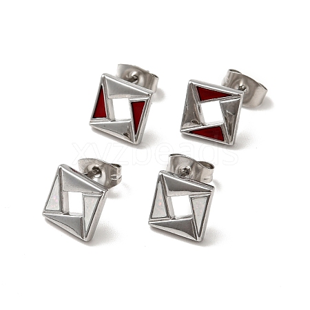 Rhombus 304 Stainless Steel Stud Enamel Earrings EJEW-A081-19P-1