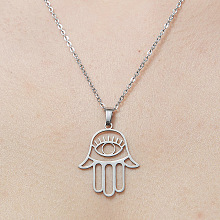 201 Stainless Steel Hollow Hamsa Hand with Eye Pendant Necklace NJEW-OY001-77