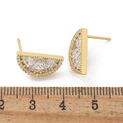 Half Round Brass Micro Pave Clear Cubic Zirconia Stud Earrings EJEW-M077-08G-1