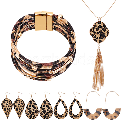 Leopard Print Alloy Pendant Necklaces & Earrings & Bracelet Sets SJEW-WH0020-03C-1