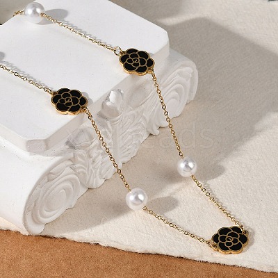 Ion Plating(IP) 304 Stainless Steel Black Enamel Flower Pendant Necklaces for Women NJEW-M078-09G-1