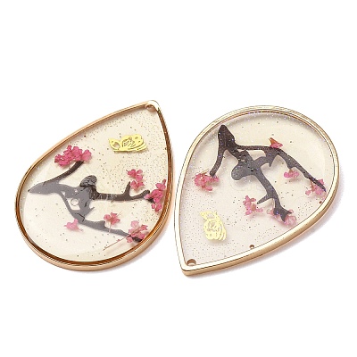 Brass & Transparent Epoxy Resin & Dried Flower Pendants RESI-G133-03G-02-1