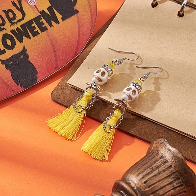 Synthetic Turquoise Skull Dangle Earrings EJEW-TA00235-04-1