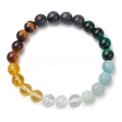 Natural Quartz Crystal & Amazonite & Tiger Eye & Larvikite Beaded Stretch Bracelets for Women Men BJEW-TA00551-1