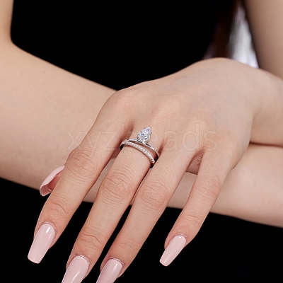 Anti-Tarnish Rhodium Plated 925 Sterling Silver Teardrop Finger Rings RJEW-Z040-07P-1
