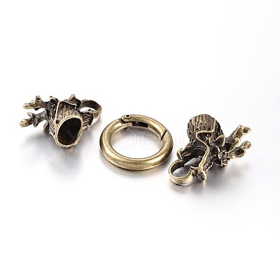 Tibetan Style Alloy Dragon Head with Ring Push Gate Spring Gate Rings PALLOY-E393-01-1