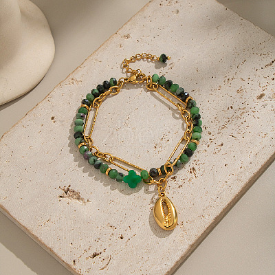 Natural Green Aventurine Beaded & 304 Stainless Steel Figaro Chains Double Layer Bracelets CN7232-1