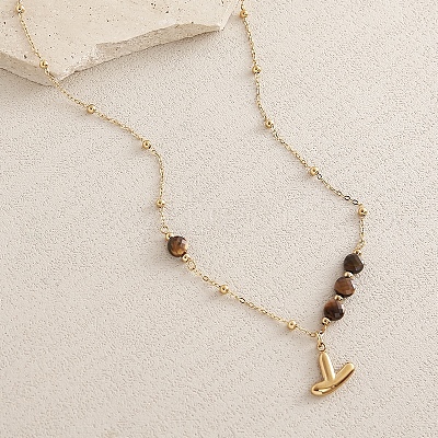European Faceted Natural Tiger Eye 304 Stainless Steel Alphabet Pendant Necklaces QN9691-25-1