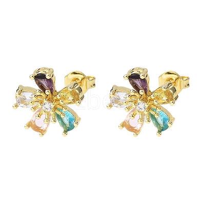 Brass Micro Pave Cubic Zirconia Flower Stud Earrings EJEW-H174-01A-G-1