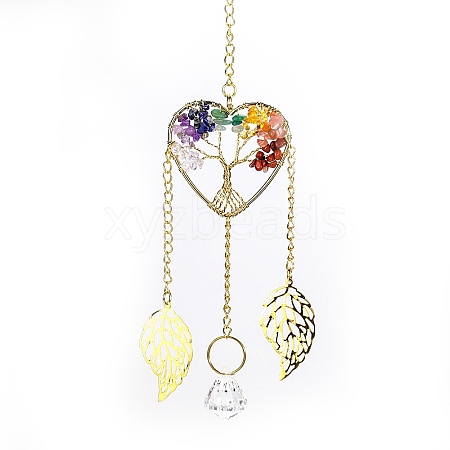 Chakra Natural Gemstone Chips Wire Wrapped Metal Tree of Life Hanging Ornaments PW-WG220CC-01-1