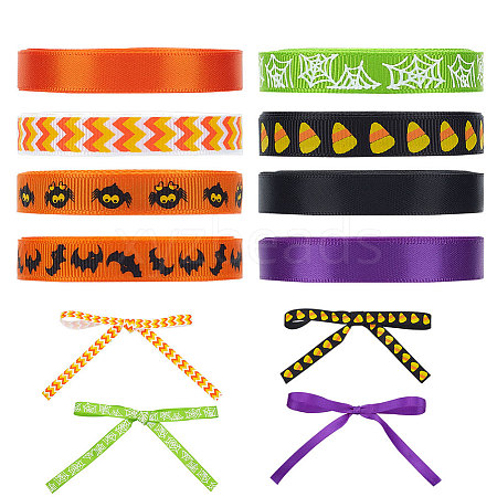8Rolls 8 Colors Halloween Polyester Printed Grosgrain Ribbon OCOR-PH0004-26-1