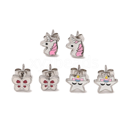 3 Pairs 3 Styles 304 Stainless Steel Enamel Stud Earrings for Women EJEW-K279-03P-1