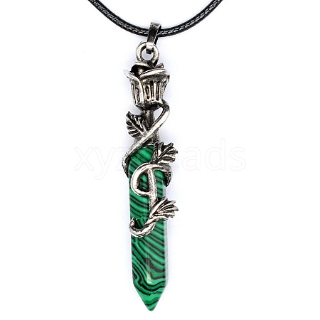 Metal Rose Flower Wrapped Pointed Synthetic Malachite Bullet Pendant Necklaces PW-WG450FA-08-1