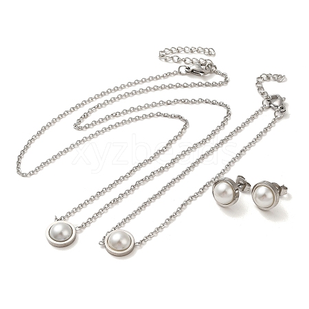Flat Round Plastic Imitation Pearl Pendant Necklaces & Bracelets & Stud Earrings Sets SJEW-C004-02P-1