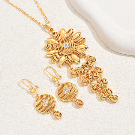 Simple and Stylish 18K Gold Plated Brass Cubic Zirconia Flower Pendant Necklace & Dangle Earrings Set for Women QO2297-1