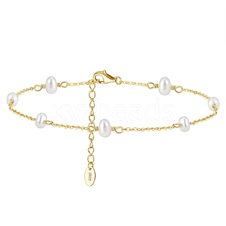 925 Sterling Silver Cable Chain Anklet with Oval Natural Freshwater Pearls for Women AJEW-F162-003G-1