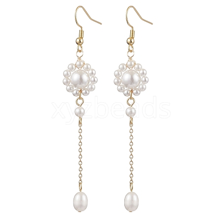 Shell Pearl with Brass Dangle Earrings for Women EJEW-TA00558-1