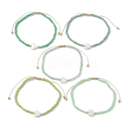 5Pcs 5 Colors Natural Shell Heart & Seed Braided Bead Bracelets Set BJEW-JB10039-03-1