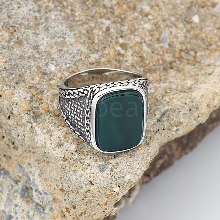 304 Stainless Steel with Natural Green Onyx Agate Finger Rings FS-WG67565-13-1