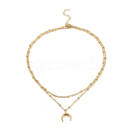 304 Stainless Steel Moon Pendant Double Layered Necklace with Satellite Chains for Women NJEW-JN03872-1