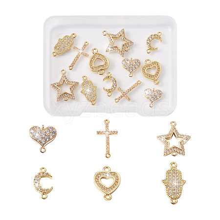 12Pcs 6 Styles Brass Micro Pave Clear Cubic Zirconia Connector Charms KK-TA0001-14-1