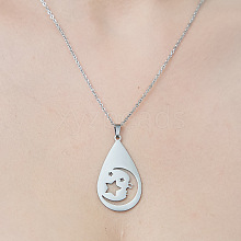 201 Stainless Steel Hollow Teardrop with Moon Pendant Necklace NJEW-OY002-10