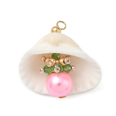 Natural Shell & Round Glass Pendants PALLOY-MZ00912-05-1