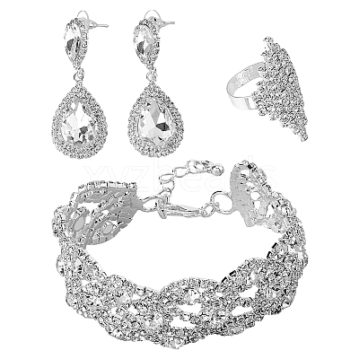 Crystal Rhinestone Teardrop Dangle Stud Earrings & Chain Bracelet & Rhombus Adjustable Ring SJEW-FI0001-19-1