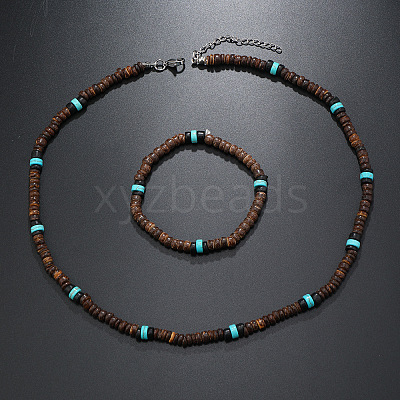 Bohemian Style Coconut Shell with Synthetic Turquoise Rondelle Beaded Necklaces & Bracelets Sets FS-WG8D889-05-1