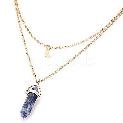 Natural Blue Spot Jasper Double Terminated Pointed Bullet & Moon Alloy Pendant Double Layer Necklaces for Women WGAD714-06-1