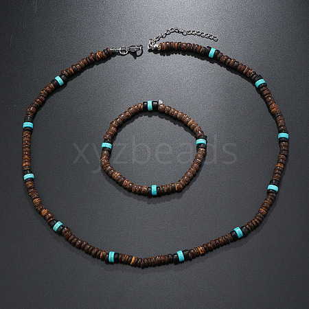 Bohemian Style Coconut Shell with Synthetic Turquoise Rondelle Beaded Necklaces & Bracelets Sets FS-WG8D889-05-1