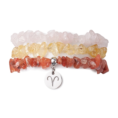 3Pcs 3 Styles Natural Rose Quartz & Citrine & Red Agate Chips Stretch Bracelets Sets BJEW-JB11076-03-1