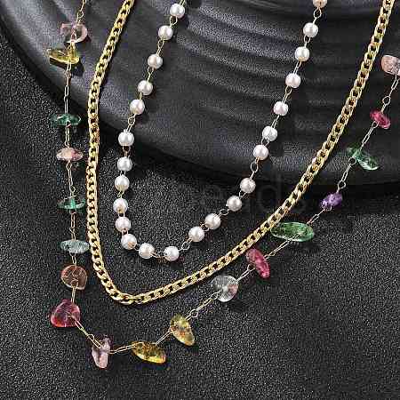 304 Stainless Steel & Colorful Natural Stone Chip & Imitation Pearl 3 Layer Necklaces for Women NJEW-Z061-07G-1