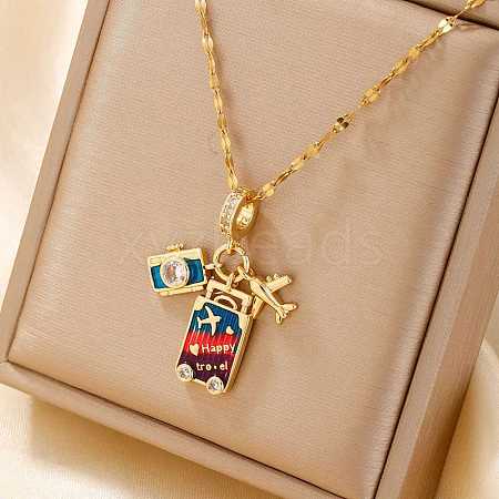 Exquisite 3D Cute Travel Brass Colorful Enamel Plane & Luggage & Camera Pendant Necklaces for Everyday Wear FK9091-1-1