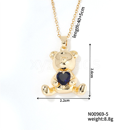 Cute Bear Heart Brass Capri Blue Rhinestone Pendant Necklaces for Women BF5088-5-1