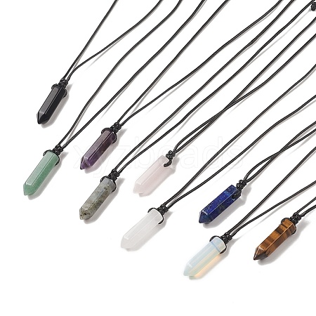 Natural & Synthetic Mixed Gemstone Bullet Pendant Necklace with Waxed Cords for Women NJEW-M196-02-1