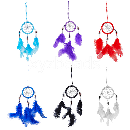 SUPERFINDINGS 6Pcs 6 Colors Woven Net/Web with Feather Pendant Decoration HJEW-FH0001-33-1